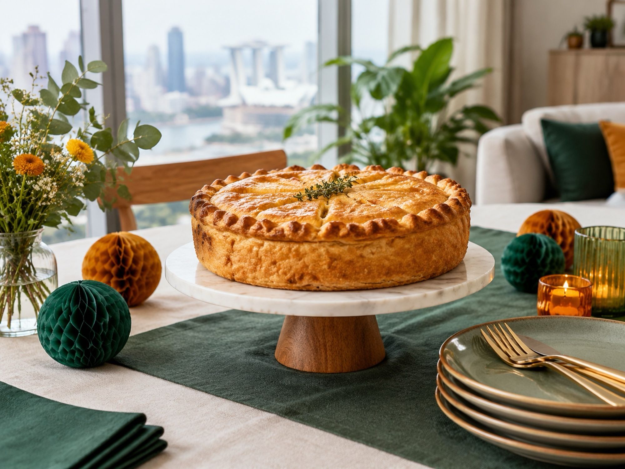 A home birthday table with a large golden whole pie as the centrepiece, plates and forks ready