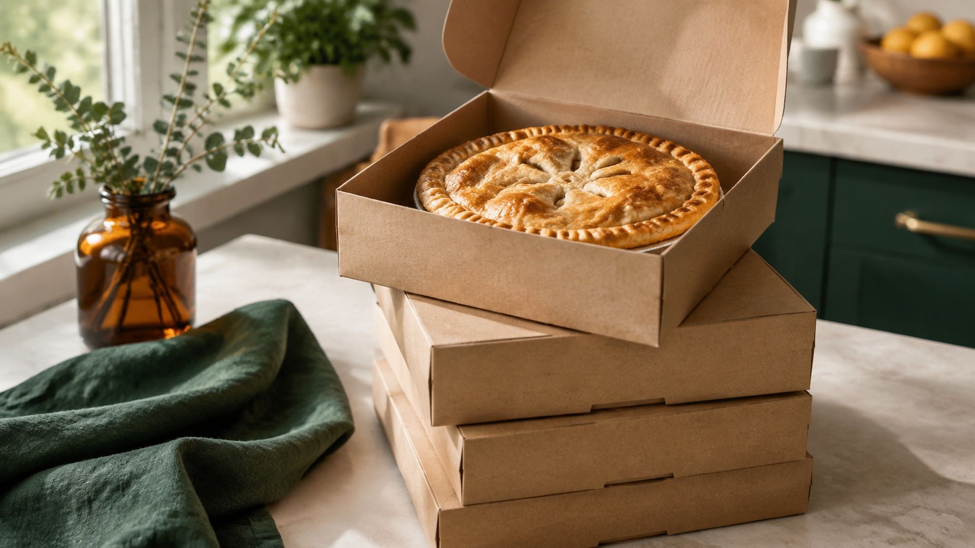 A stack of plain kraft pie boxes on a kitchen counter, the top box open to show a golden, flaky-crust whole chicken pie